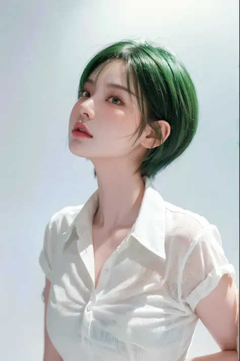 HDR, UHD,8K, face High Quality, nokiapretty, white Thin shirt , (((black background 8k))),  short hair, greenhair ,cute sexy,