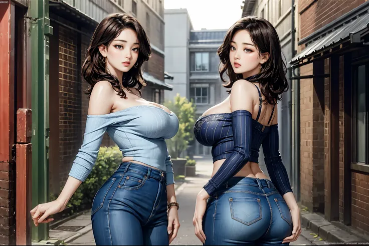 2 slim woman with big breasts wearing a very tight printed off-shoulder wonderbra, jeans, standing in an alley, (best quality, 4k, 8k, high resolution, masterpiece: 1.2), ultra detailed, (realistic, photorealistic, photo-realistic: 1.37), vivid colors, bea...