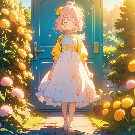 kawaii, anime, Cute, hyper quality, highly detailed, 8k, Clarity, Draw facial expressions in detail, A young girl with short light pink hair and closed eyes, expression of agony, A yellow spherical allium blooms at my feet., hair fluttering, green wind blo...