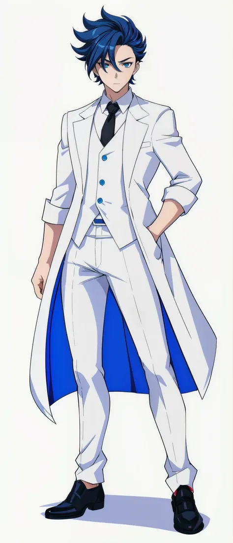 anime boy, dark blue hair, blue eyes, white suit, black pants, white sleeves, simple background, (beautiful and aesthetic:1. 5), thick black lineart, clean lineart, perfect lineart, sharp lineart, best quality, high quality, best quality, ultra-detailed, H...