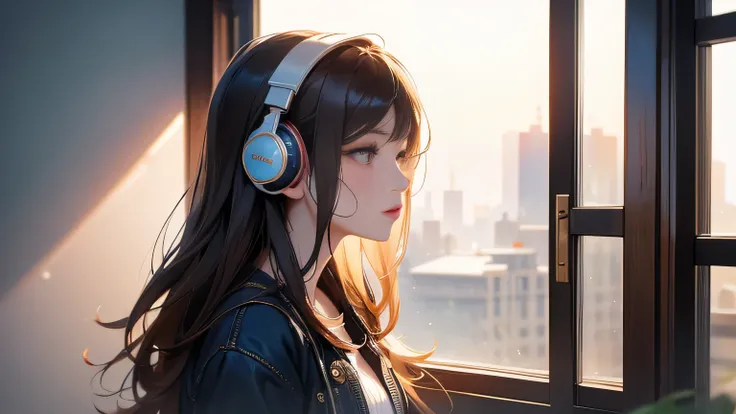 optimal，masterpiece，high resolution，highest quality，a warm room。a beautiful woman looking out the window。put on headphones。it&#3...