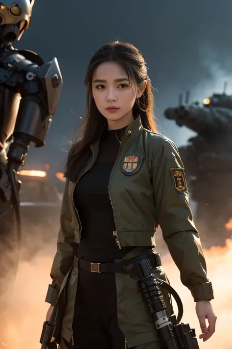 (best quality), oriental detailed background, science fiction,mechanical arms,girl with man , war, monster army, techwear,, military uniform