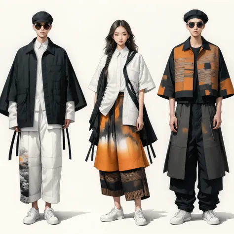 candid fashion illustration a group of young 2man and 1girl, aged 18-23 year old, tall and slender, Mixed race super model, ((showcase in fashionable linen outfits inspired by designer Yohji Yamamoto)), in elegant and Avant-garde Fashion style of ((hand-wo...