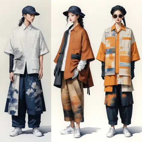 candid fashion illustration a group of young 2man and 1girl, aged 18-23 year old, tall and slender, Mixed race super model, ((showcase in fashionable linen outfits inspired by designer Yohji Yamamoto)), in elegant and Avant-garde Fashion style of ((hand-wo...