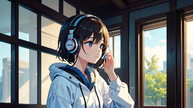 optimal，masterpiece，high resolution，highest quality，a warm room。a beautiful woman looking out the window。put on headphones。it&#3...