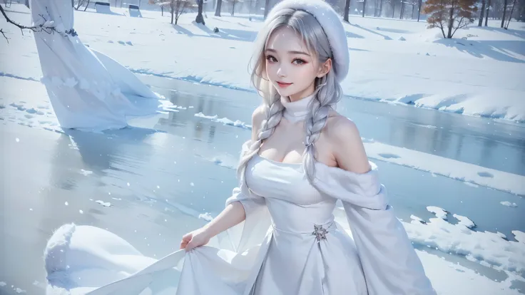 (close-up image) masterpiece、Highest quality、1 girl, winter, silver hair, Cute girl, smile, close mouse, large breasts, sideboob:1.4, white dress, off shoulder winter clothes, long skirt, Fur coat、Small waist、Thin legs、outdoors, front of the lake, snow fal...