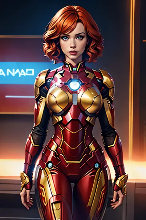 Christina Hendricks as Riri Williams in Iron Man armor: Mark XLIX Rescue Armor, Detailed costume design