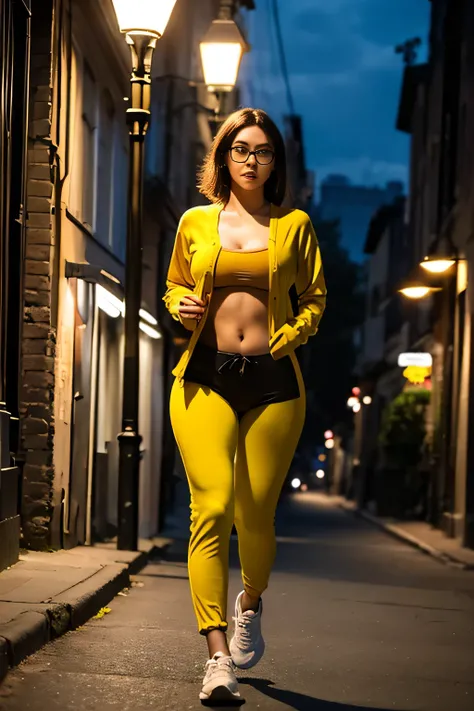 best quality, masterpiece, cinematic lighting, intricate, cinematic detailed realistic background, detailed face, full body, small breasts, realistic, ligne claire, , , 1girl jogging, cityscape, night, tied shirt, looking at viewer, tattoo, model pose, ope...