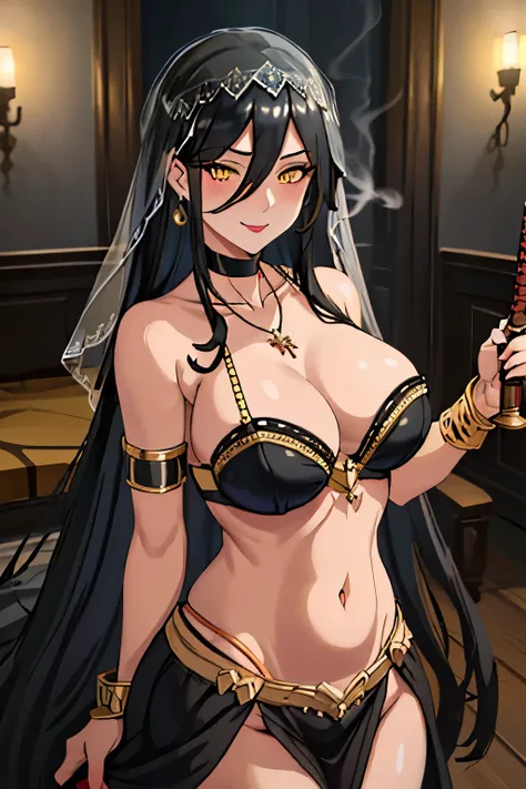  solo, {friedrich_der_grosse_azurlane:1.15}, black_hair, long_hair,  yellow_eyes, hair_over_one_eye,  large_breasts, very_long_hair, blush, lipstick,,jewelry, earrings, Hot girl, baddie, bad attitude, mean girl, crazy, smoking, sensual, attractive , master...