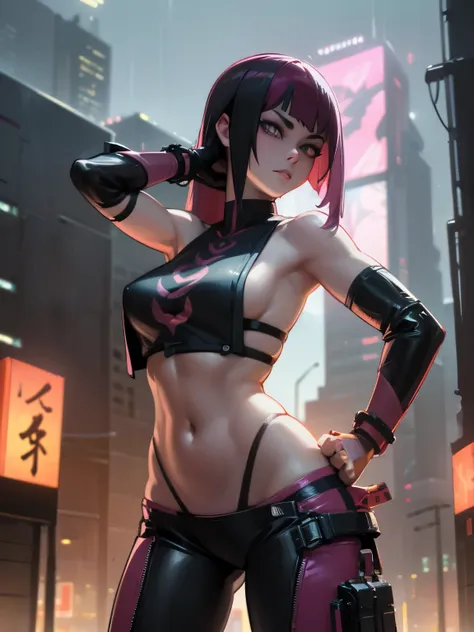 a futuristic female warrior holding a katana, (finely detailed skin), pale skin, (in a deep neckline highly detailed sexy futuristic cyberpunk black crop top and underpants made of circuit boards, japanese words with a flare effect, beautiful epic composit...