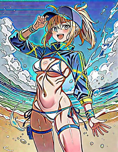 masterpiece,(ultra-detailed),1girl, mysterious heroine xx (fate), half_eyes,smile,open mouth, swimsuit, white bikini, side-tie bikini bottom, shrug (clothing), jacket,  thigh strap, wristband,  large_boobs, ocean_landscape, splashing,blonde_ponytail,open_l...