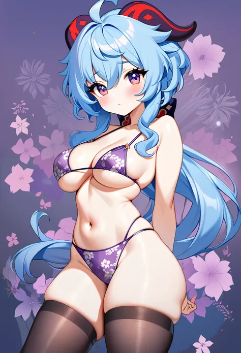 (((ganyu))), genshin impact, (((cute overload))), massive tits, thick thighs, thigh highs, ((purple eyes)), (blue hair)), (((hand drawn))), ((retro anime)), (((floral bikini top))), (((finely detailed))), (((((purple floral background))))), (ulzzang), play...