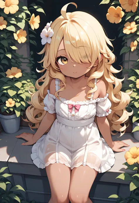 little_girl,cute_loli_, blonde hair, long curly hair, hair over one eye, yellow eyes, long hair, dark skin, ahoge, thigh, cute, ...