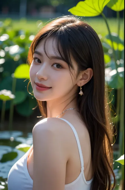 Portrait of lovely woman in bright windy field, Lotus leaf background，watercourse, Chicken lotus root stalk，lotus Leaf，lotus，(Backlight),detail， Practical,Upper Body，best quality, detail，Serious, In the shadows, bloom, [[Chromatic Aberration]，Natural skin ...