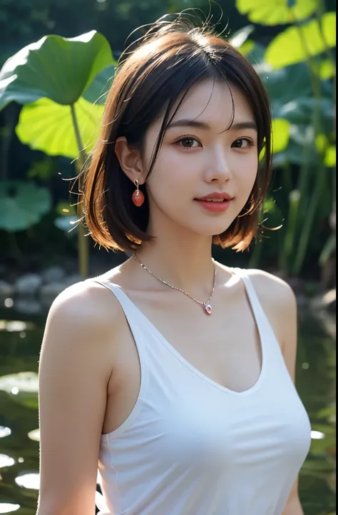 Portrait of lovely woman in bright windy field, Lotus leaf background，watercourse, Chicken lotus root stalk，lotus Leaf，lotus，(Backlight),detail， Practical,Upper Body，best quality, detail，Serious, In the shadows, bloom, [[Chromatic Aberration]，Natural skin ...