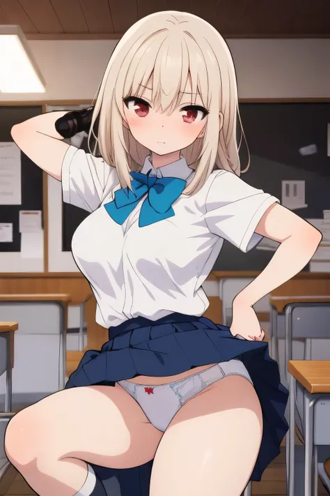 ((best quality)), ((masterpiece)), (detailed), 1,1 muscle man, sexy, anime, white panties, skirt, school uniform, headscissors, fighting, femdom, 