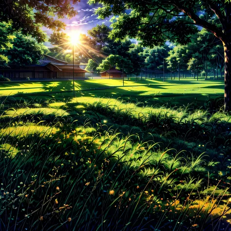 Open green grass area under warm positive and welcoming sunlight