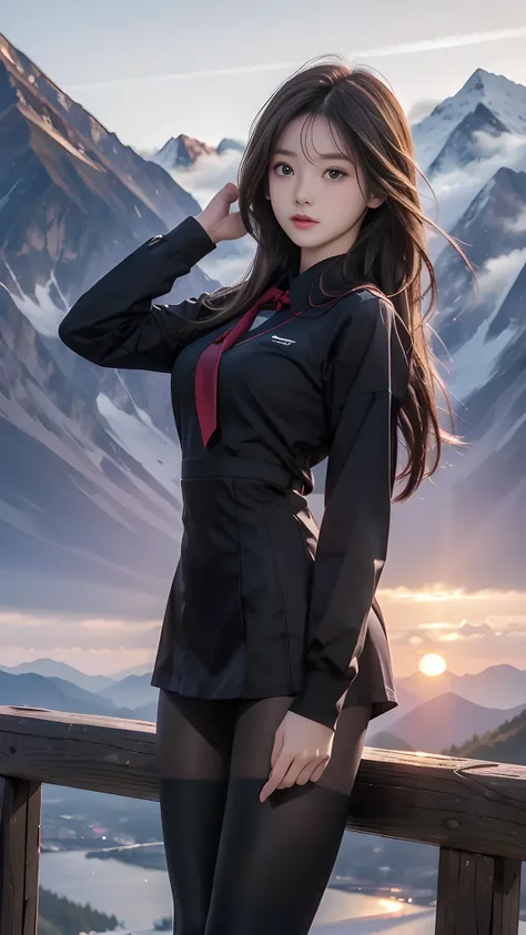 ulzzang-6500-v1.1, (RAW photo: 1.2), (Real photo), (Real photo: 1.4), 1 girl、Perfect anatomy、20 years old、Looking at the camera、Medium length hair、Uniform dress, watching the sunset, ((in the mountains: 1.1))、(Hyperrealistic tights: 1.2), (Business service...