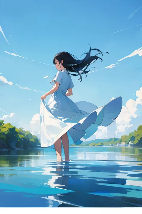 woman、On the water、back、blue sky、Wind、White dress