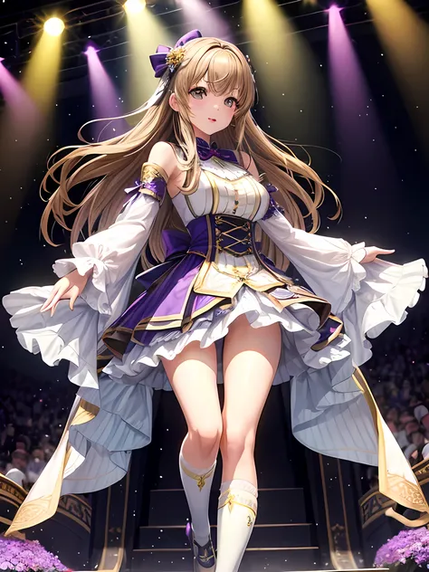 Highest quality、Complete limbs、Full Finger、Slender beauty、Straight Hair、Brown Hair、デレステ、green, White and purple idol costume、Knee-high socks、Beautiful big breasts、Live Stage、sing、Kneel