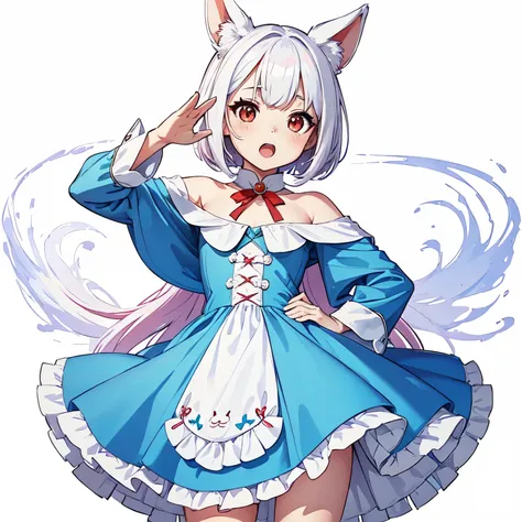 anime style, cute small white rabbit, ((salute and open mouth))), 1girl, (((chibi))), red eyes, tall ears, bob hairstyle, large face, short stature, wearing a light blue dress, (best quality,4k,8k,highres,masterpiece:1.2), intricate details,highly detailed...