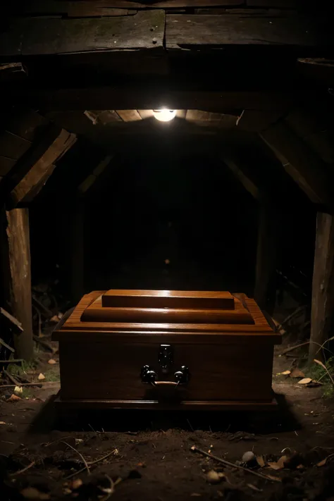 Image: A simple dark wooden coffin, with a slightly open lid, showing a dark and empty interior. The lid is held by a bony hand emerging from the ground., as if a dead man were trying to escape.
- Details: The ground around the coffin is damp and full of t...