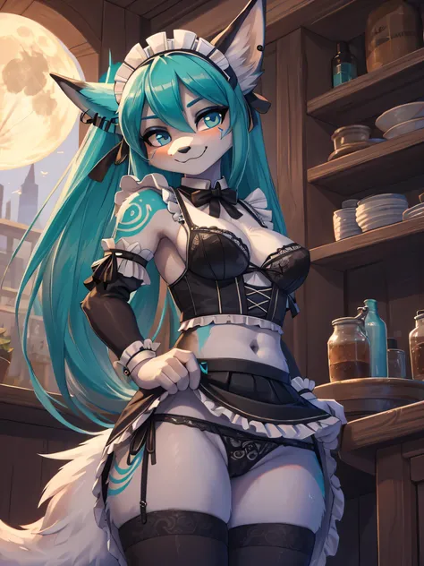 Miku Hatsune, add high definition_detail:1, blue fur,kitsune ears, tribal tattoo add_detail:1, posing during a full moon showing off her beautiful figure and her outfit. (Maid lingerie, maid mini skirt)sweaty body add_details:1, smiling add_detailsl:1, ear...