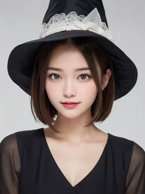 white background, half body portrait, bust shot, looks very happy, smile, one girl, (a beauty girl, delicate girl:1.3), (20 years old:1.3), break, (dress up as witch), break, very fine eyes, (symmetrical eyes:1.3), break, E cup breasts, brown eyes, parted ...