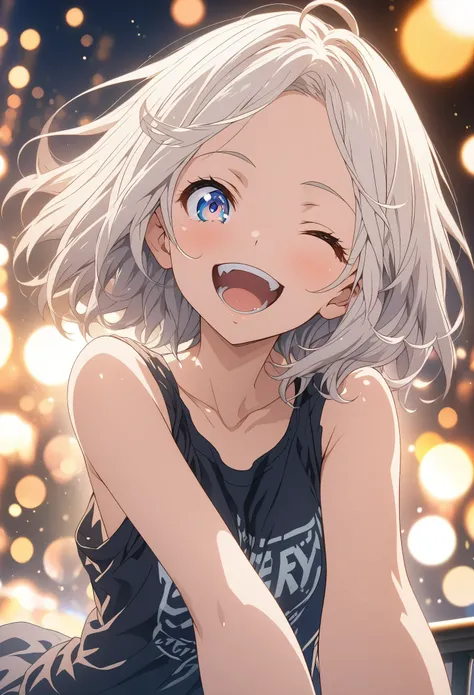 masterpiece, Highest quality, Highly detailed CG Unity 8K wallpapers, High School Girl Anime Illustration. Wear an oversized tank top、salute、Big eyes, Double teeth, she has her eyes closed and mouth open, smile. short hair, White Hair, amount, Parted bangs...