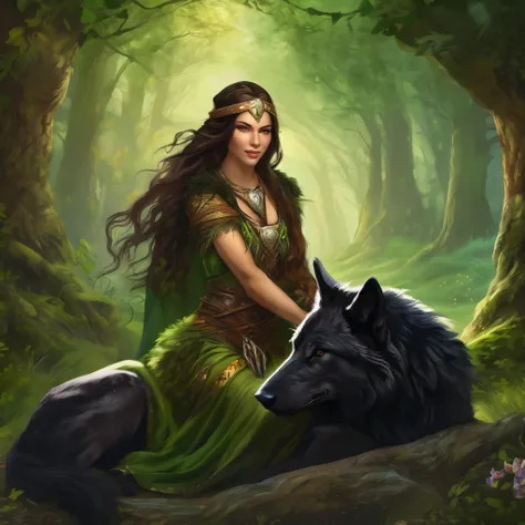 (beautiful elf girl druid 1.3) holding a large black wolf in her arms (background&#39;extremely detailed unity 8k cg display, he...