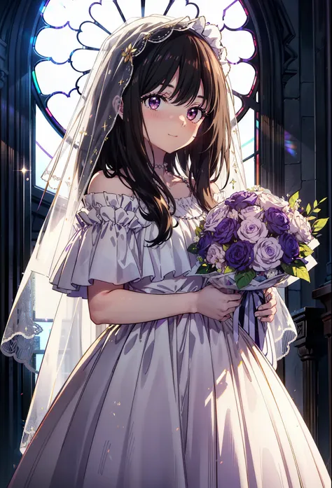 takiuchikami, long hair, bangs, black hair, (purple eyes:1.2),veil,off-the-shoulder white wedding dresses,necklace,veil,white we...