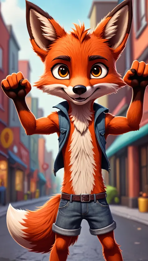 cute foxy, cartoon , arms, hands ,cute eyes, looking at viewer, arms up, close, street