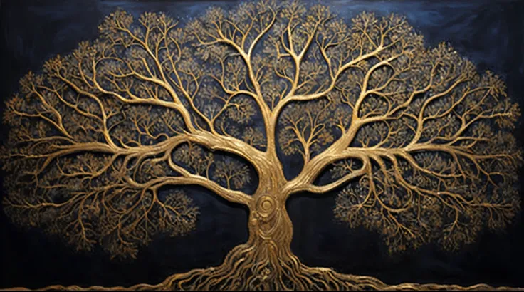 a close-up of a tree with a black background and a golden tree, golden sacred tree, the tree of Life, tree of Life, cosmic tree of life, ancient tree, Fantasy Tree, rich tree, highly detailed fine art, complex organic painting, highly detailed painting, th...