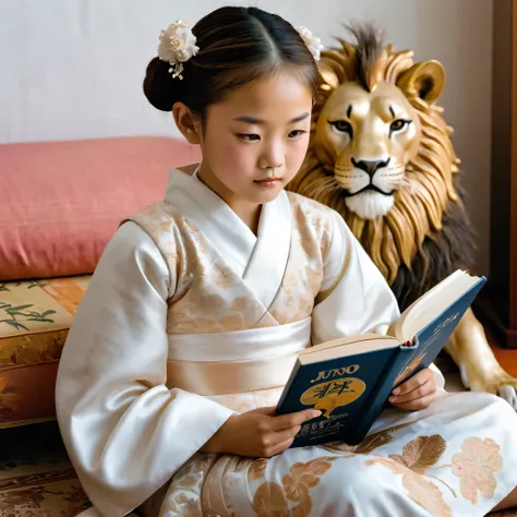 A detailed, beautiful portrait of a young Cancerian child wearing a bridal-style dress, sitting at home and reading a book, with a focus on cleanliness and Japanese cultural elements, set in the 2000s era, imbued with Libran energy and a Juno-inspired arti...