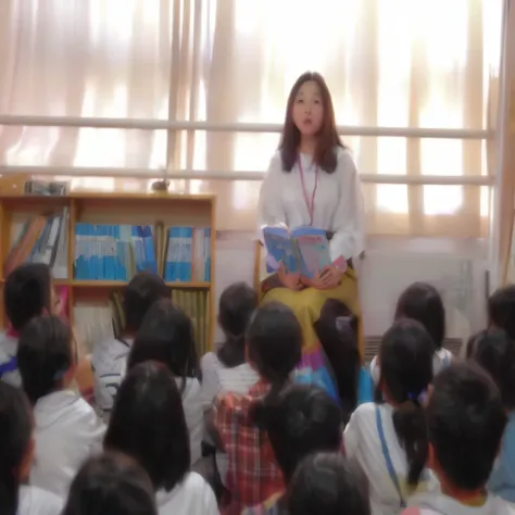 There is a beautiful female teacher with large eyes sitting in front of the children reading a book aloud.。On the back cover of the book「Burmese lyre」It is written that。 