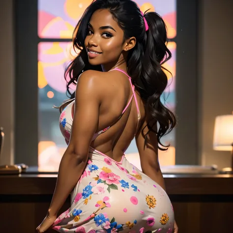 1girl, in laboratory, (18 years old), (latina), dark skin, wide shot, long wavy hair, orgasm, (floral sun dress), (masterpiece, ...