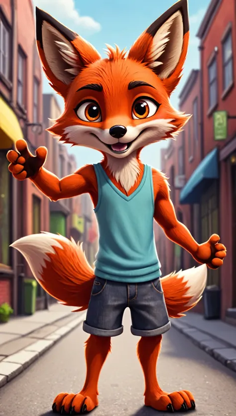 cute foxy, cartoon , arms, hands ,cute eyes, looking at viewer, arms up, close, street