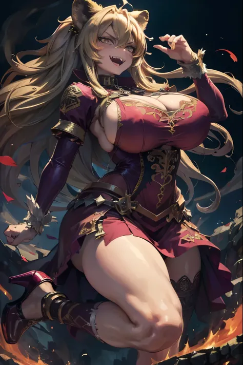 Highest quality, masterpiece, Ultra-high resolution, One Mature Woman,gigantic breast,Corpse Pile々,Pride of the Seven Deadly Sins,wild,Lion motif,Sharp Fangs,Gorgeous dress,High heels,low length,Sharp eyes,Berserker