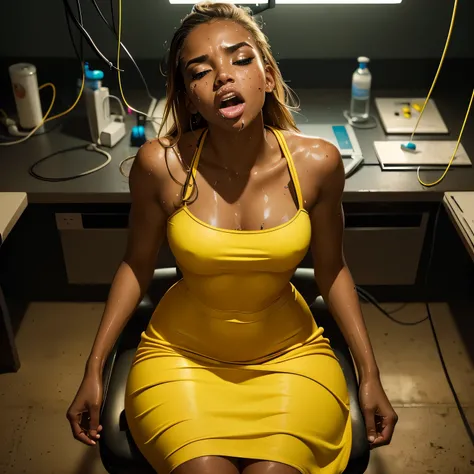 1girl, in laboratory, (18 years old), (Latina), dark skin, wide shot, blond hair, orgasm, (yellow dress), (Masterpiece, Professional lighting, 16k, 8k wallpaper, raw photo, photorealistic:1.8, ultra detailed, natural lighting, detailed skin sexy pose, open...