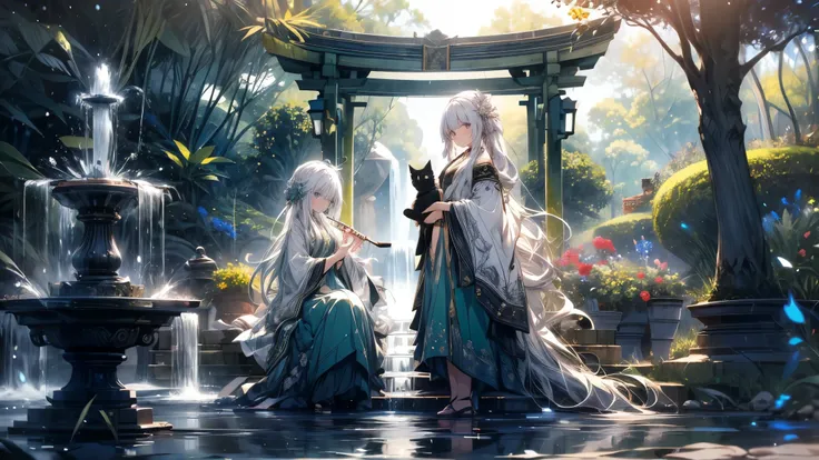 A woman is playing the flute．The woman has long white hair and is wearing a green dress．The girl is playing by the fountain in the park．A black cat is watching the girl play at her feet．