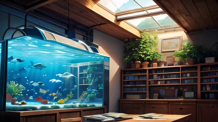 Cool summer aquarium, front view composition of the tank, sharks swimming, many colorful tropical fish swimming, shelves and desks lined with old books, skylight with the setting sun.