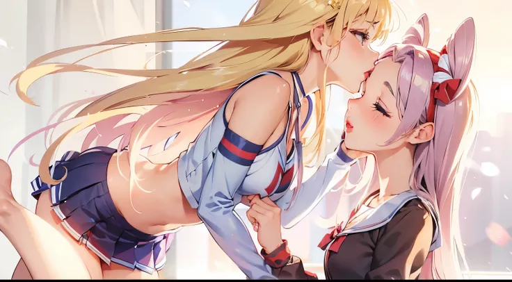 2girls, kissing forehead, girl kiss girl forehead, puckered lips, closed mouth, lips, red lips, cheerleader, high quality, best quality, masterpiece, absurdres