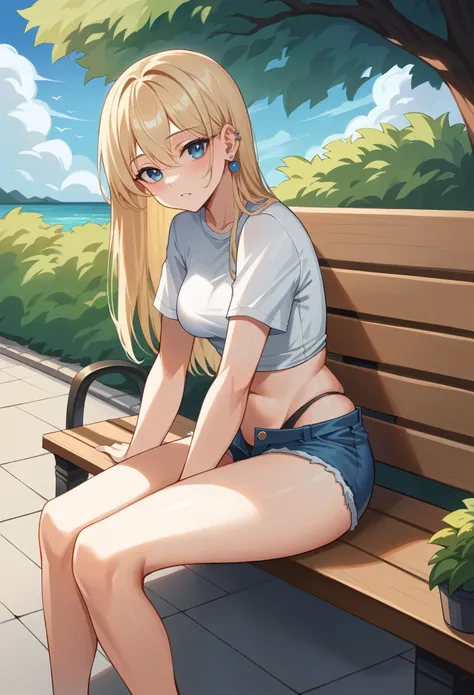 young attractive sexy Russian woman, 18 year old, cute baby face, ocean blue piercing eyes, (panties,small tight light denim shorts:1.2), big boobs, light blonde hair, long hair to the butt and voluminous, beautiful silver earrings, (sitting on a bench in ...