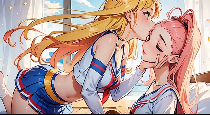 2girls, kissing forehead, girl kiss girl forehead, puckered lips, closed mouth, lips, red lips, cheerleader, high quality, best quality, masterpiece, absurdres