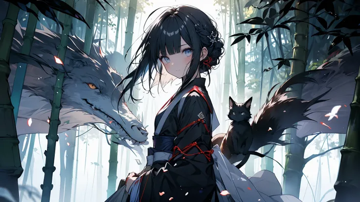 A girl wielding a sword．She practices alone in the bamboo forest．She has long black hair tied up．Dress code: White on top，He is wearing a red kendo uniform underneath.．A black cat is watching over the girl．