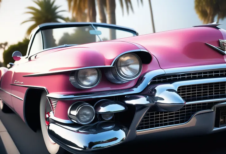 hyper detailed , breathtaking 1950s photo of a cadillac eldorado the cadillac is  pink colored, open top convertible, lots of de...