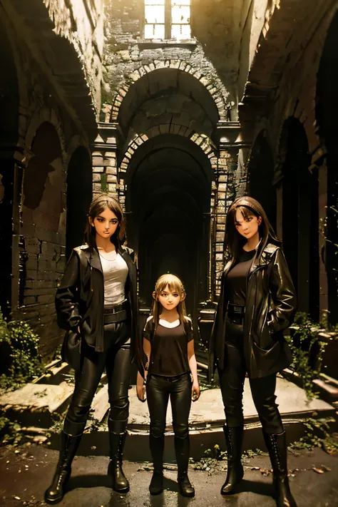 two fifteen-year-old girls and a nine-year-old girl explore a ruined abbey, dark atmosphere, spooky place, darkness, eerie shado...