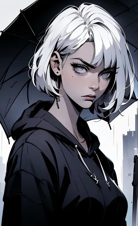 a girl with short white hair, grey eyes, wearing a black hoodie, standing in the rain, melancholic expression, holding an umbrel...