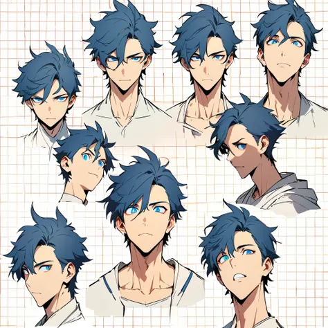 anime boy, dark blue hair, blue eyes, head, same boy, different angles, grid, different expressions, 9 faces, concept, handsome, spiky hair, perfect lineart, sharp lineart, best quality, high quality, best quality, ultra-detailed, HD, beautiful lighting,