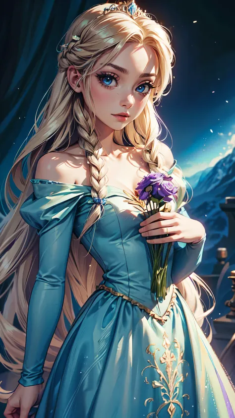 Elsa-Rapunzel Fusion, Merging models, Rapunzel&#39;s clothes, melting, 1girl, Beautiful, character, Woman, female, (master part:1.2), (best qualityer:1.2), (standing alone:1.2), ((struggling pose)), ((field of battle)), cinemactic, perfects eyes, perfect s...